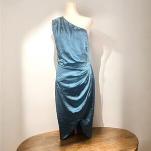 Size M one shoulder, light blue satin ruched midi dress special occasion